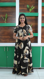 Chocolate Brown Autumn Leaf Print Rayon Feeding Frock – Stylish Front Open Zipper Maternity Dress with Double Layer Sleeves
