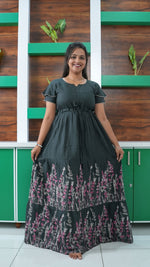 Forest Green Meadow Floral Rayon Gathering Frock – Adjustable Front Rope Night Gown with Double Layer Sleeve