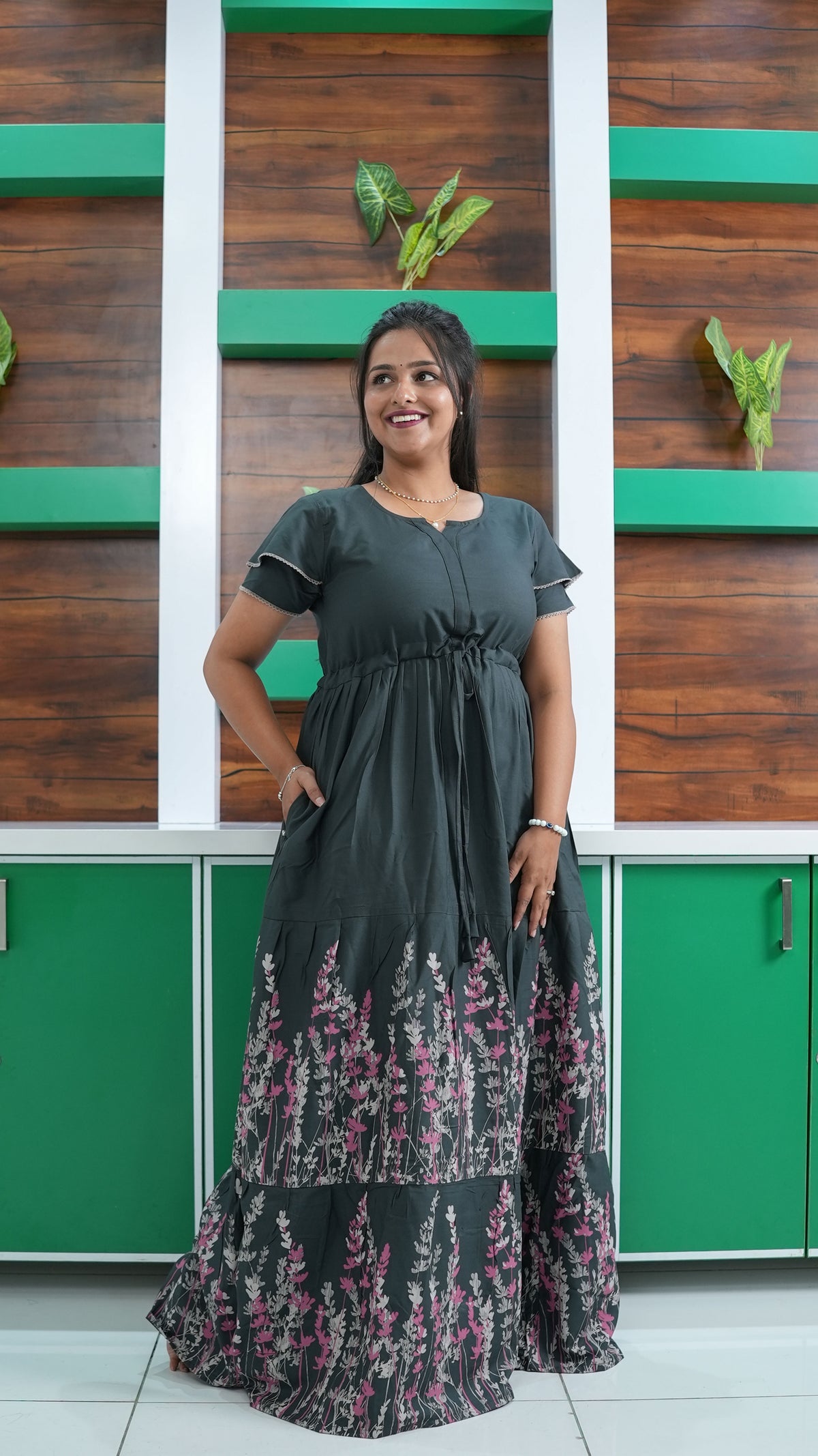 Forest Green Meadow Floral Rayon Gathering Frock – Adjustable Front Rope Night Gown with Double Layer Sleeve