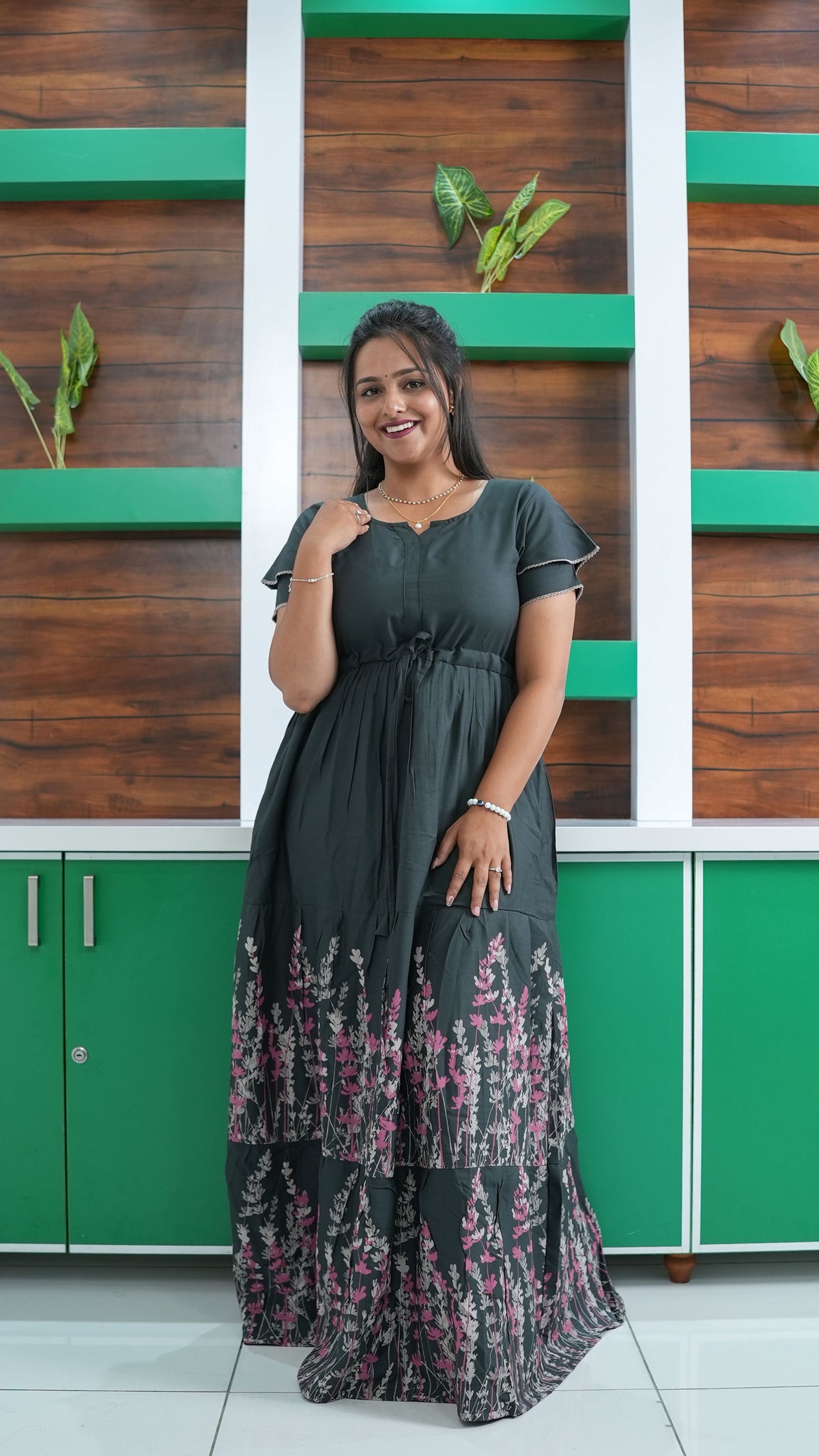 Forest Green Meadow Floral Rayon Gathering Frock – Adjustable Front Rope Night Gown with Double Layer Sleeve