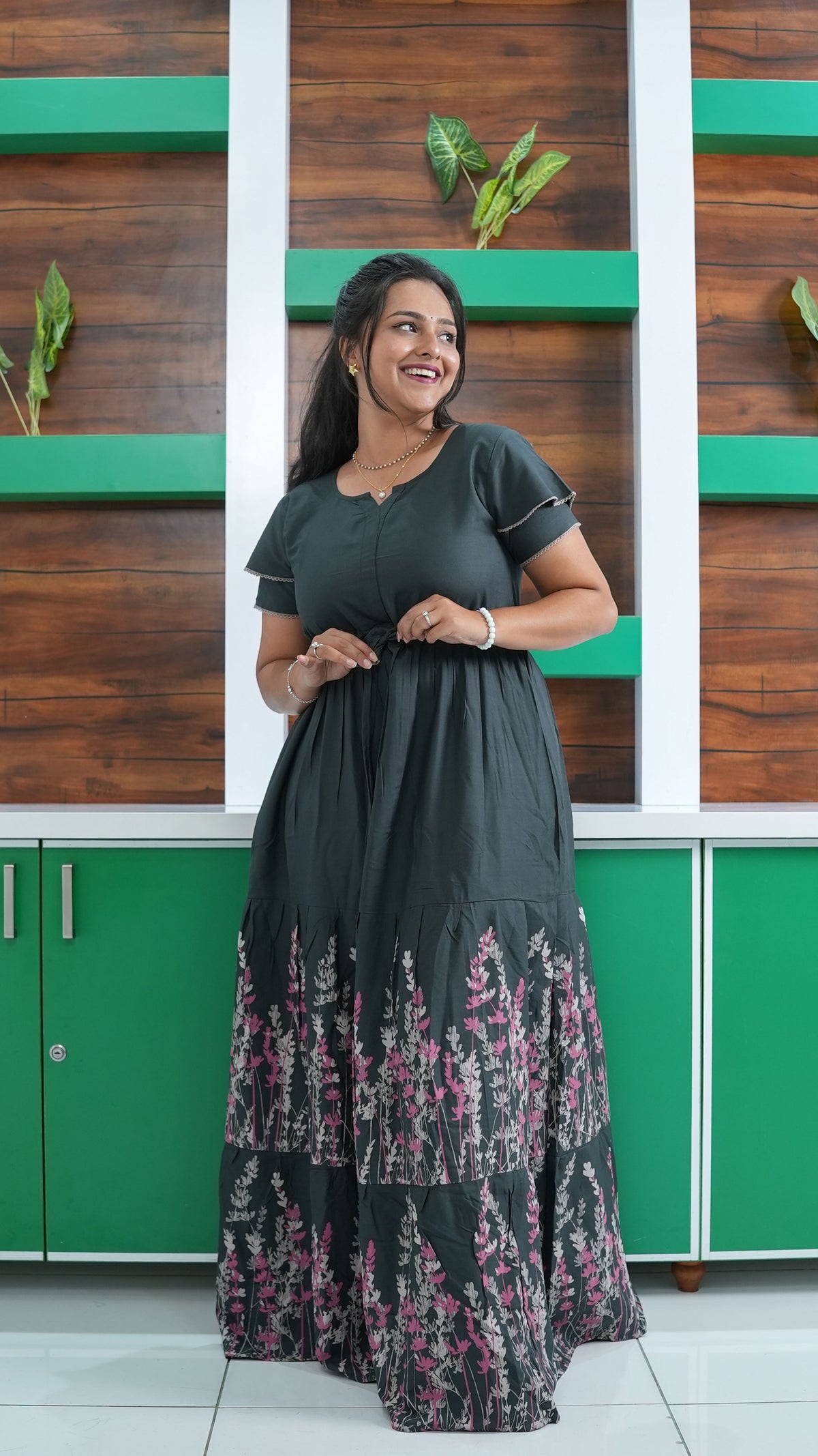 Forest Green Meadow Floral Rayon Gathering Frock – Adjustable Front Rope Night Gown with Double Layer Sleeve