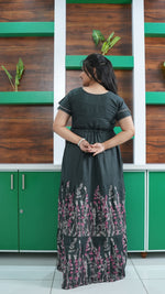 Forest Green Meadow Floral Rayon Gathering Frock – Adjustable Front Rope Night Gown with Double Layer Sleeve