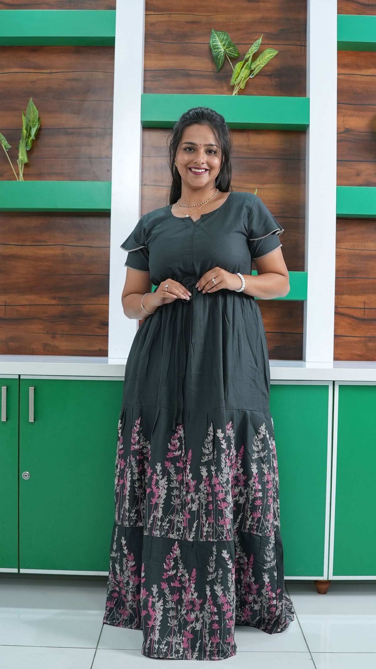 Forest Green Meadow Floral Rayon Gathering Frock – Adjustable Front Rope Night Gown with Double Layer Sleeve