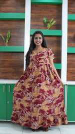 Maroon & Honey Gold Shibori Print Rayon Feeding Frock – Stylish Front Open Zipper Maternity Dress with Double Layer Sleeves