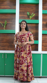 Maroon & Honey Gold Shibori Print Rayon Feeding Frock – Stylish Front Open Zipper Maternity Dress with Double Layer Sleeves