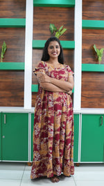 Maroon & Honey Gold Shibori Print Rayon Feeding Frock – Stylish Front Open Zipper Maternity Dress with Double Layer Sleeves