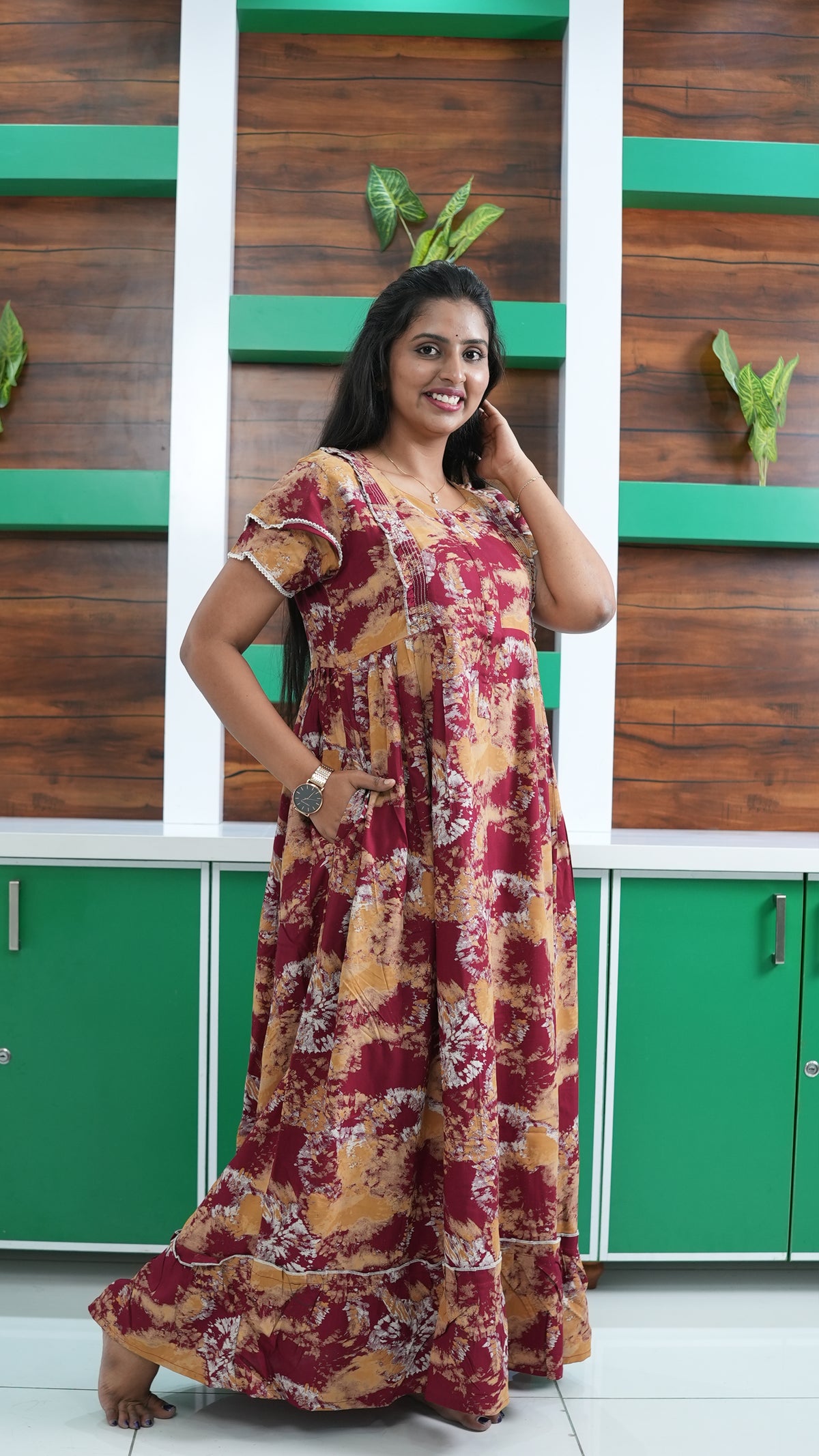 Maroon & Honey Gold Shibori Print Rayon Feeding Frock – Stylish Front Open Zipper Maternity Dress with Double Layer Sleeves
