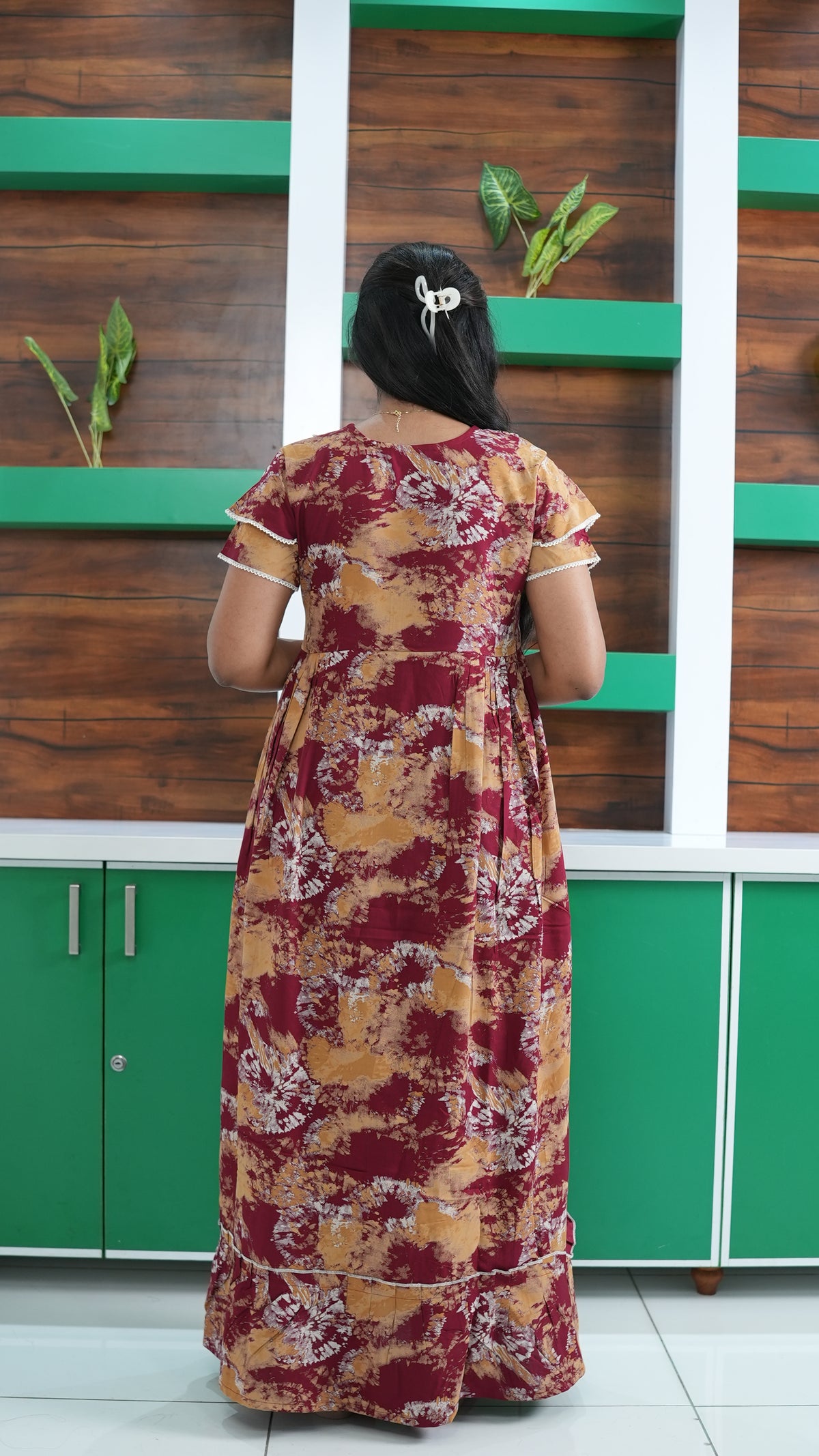 Maroon & Honey Gold Shibori Print Rayon Feeding Frock – Stylish Front Open Zipper Maternity Dress with Double Layer Sleeves