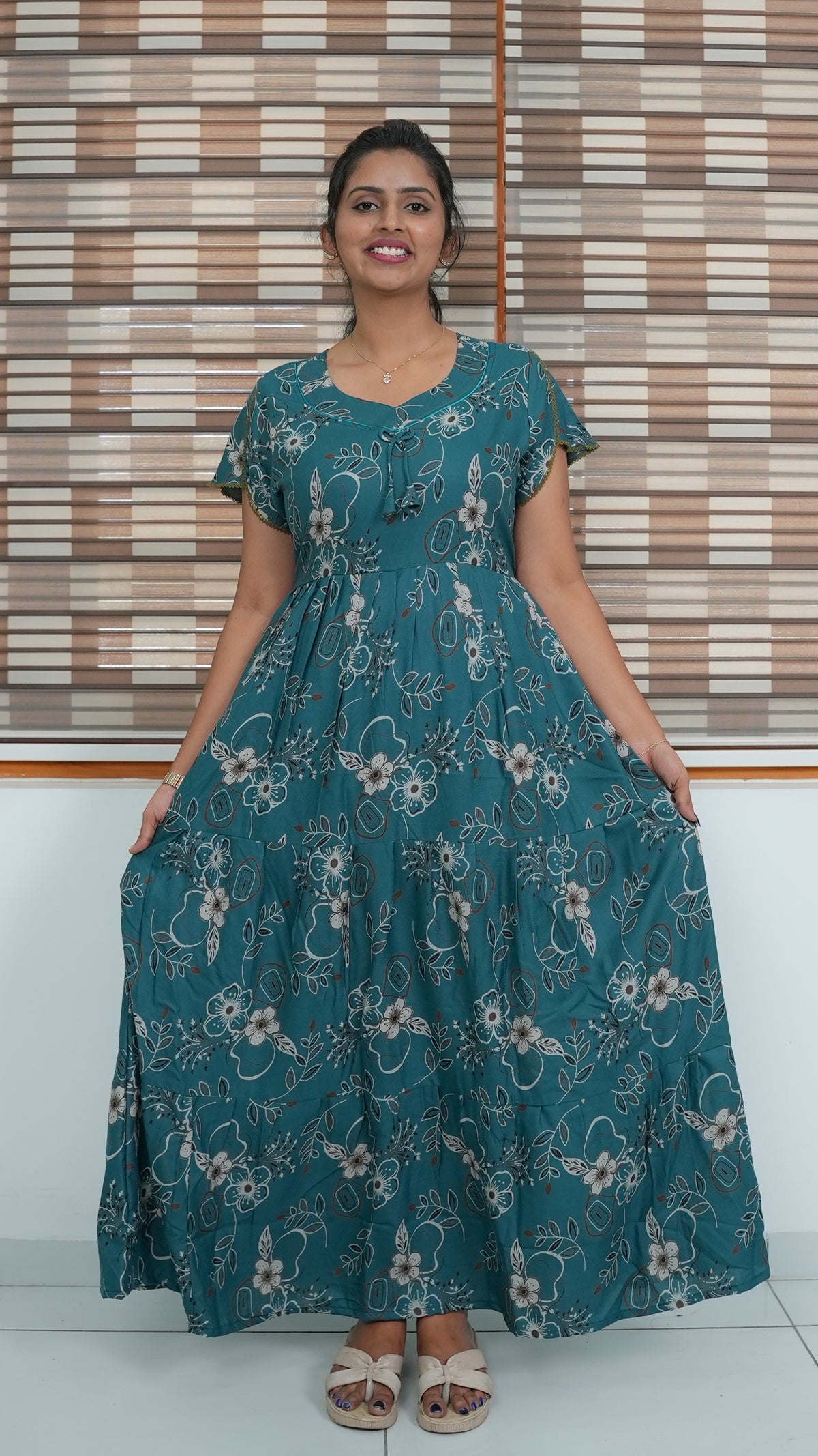 Elegant Magenta Pink Botanical Print Alpine Frock - 3-Layered Long Gown with Petal Sleeves and Practical Side Pocket - Breathable Alpine Full Frock your Stylish Nightwear