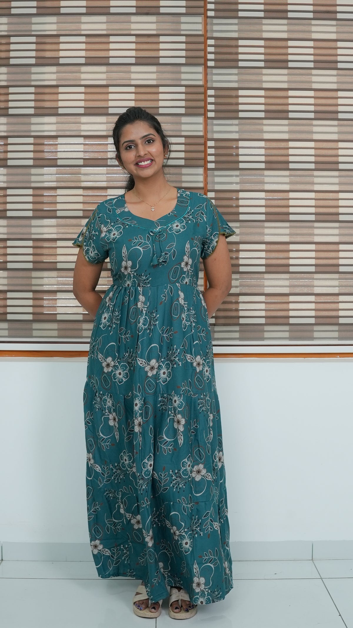 Elegant Magenta Pink Botanical Print Alpine Frock - 3-Layered Long Gown with Petal Sleeves and Practical Side Pocket - Breathable Alpine Full Frock your Stylish Nightwear
