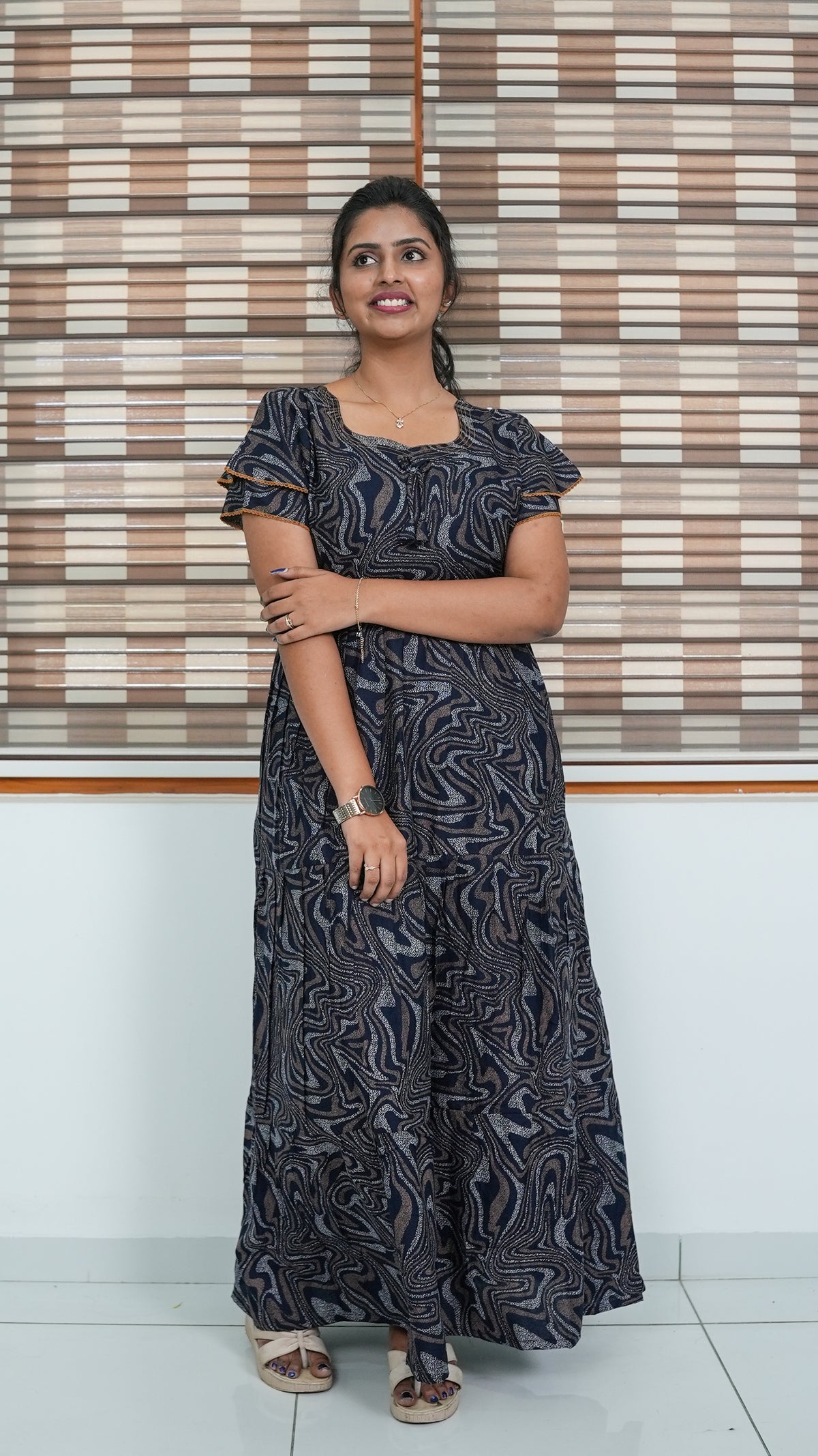 Chocolate Marble Print Alpine 3-Layer Frock – Fancy Double Layer Sleeve Maxi Dress with Side Pocket - Fusion of traditional comfort and modern Frock Nighties