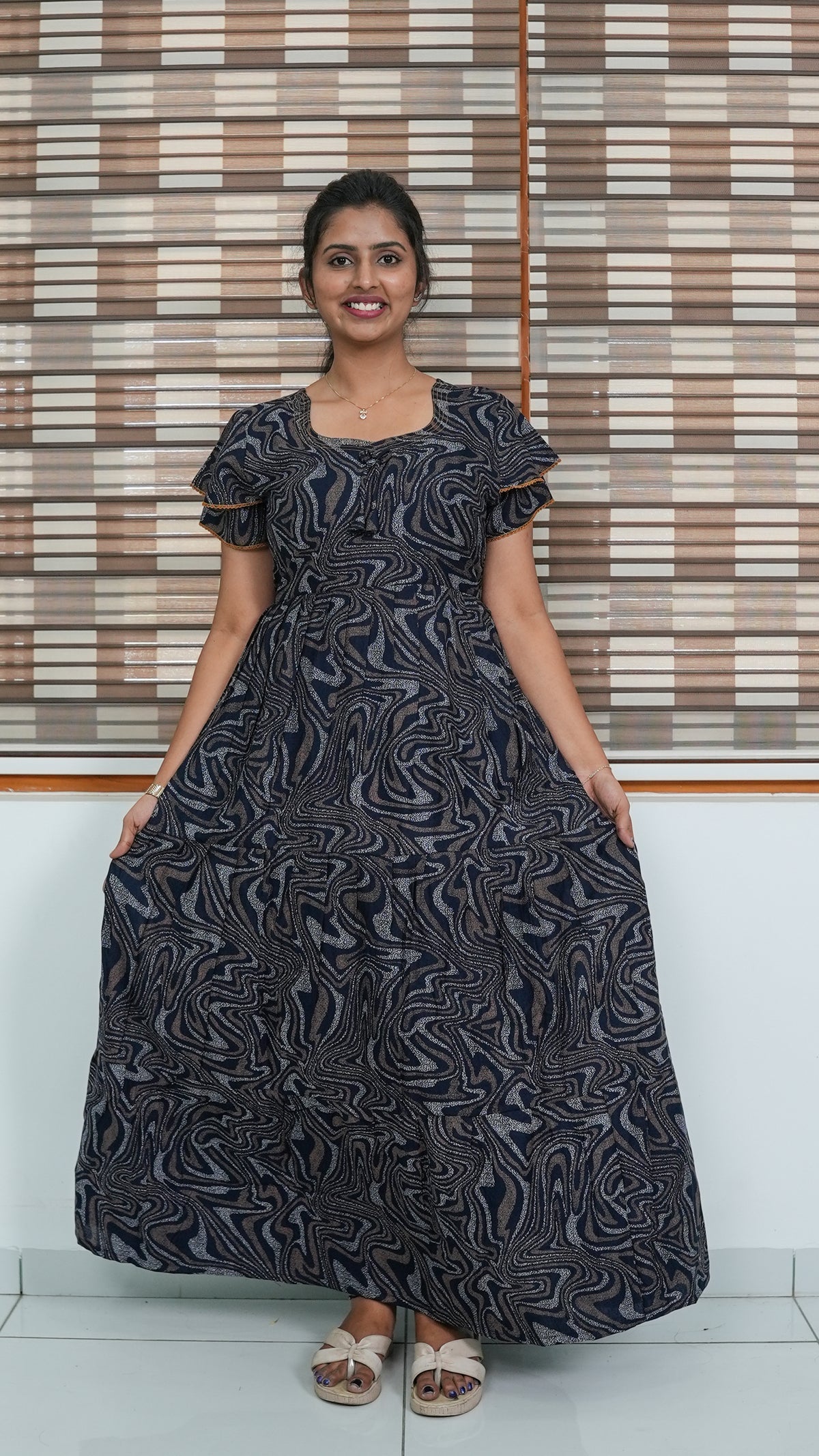 Chocolate Marble Print Alpine 3-Layer Frock – Fancy Double Layer Sleeve Maxi Dress with Side Pocket - Fusion of traditional comfort and modern Frock Nighties