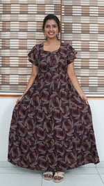 Coffee Brown Leaf Print Alpine 3-Layer Frock – Fancy Double Layer Sleeve Maxi Dress with Side Pocket - High-density Breathable Alpine Full Frock Nightwear