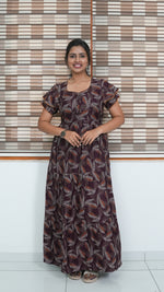 Coffee Brown Leaf Print Alpine 3-Layer Frock – Fancy Double Layer Sleeve Maxi Dress with Side Pocket - High-density Breathable Alpine Full Frock Nightwear