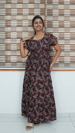 Coffee Brown Leaf Print Alpine 3-Layer Frock – Fancy Double Layer Sleeve Maxi Dress with Side Pocket - High-density Breathable Alpine Full Frock Nightwear