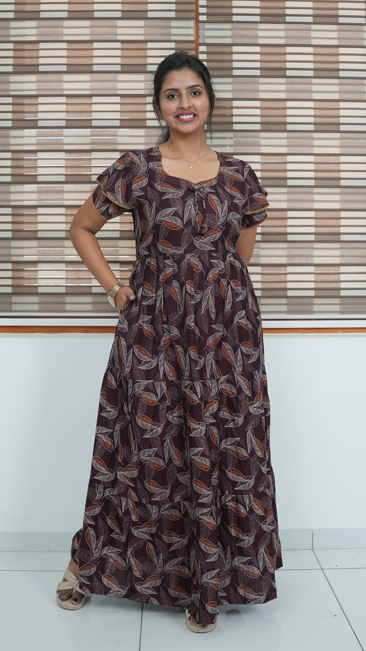 Coffee Brown Leaf Print Alpine 3-Layer Frock – Fancy Double Layer Sleeve Maxi Dress with Side Pocket - High-density Breathable Alpine Full Frock Nightwear