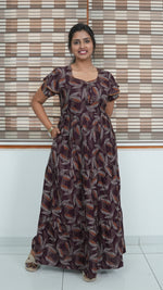 Coffee Brown Leaf Print Alpine 3-Layer Frock – Fancy Double Layer Sleeve Maxi Dress with Side Pocket - High-density Breathable Alpine Full Frock Nightwear