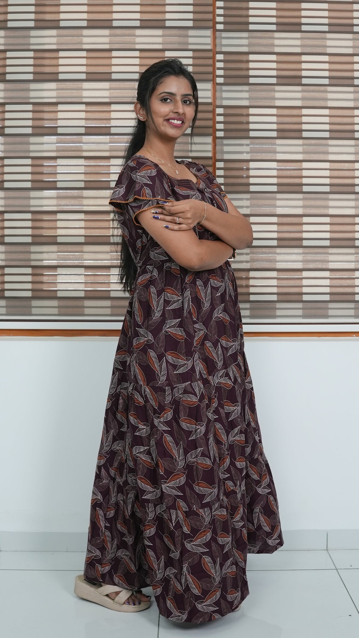 Coffee Brown Leaf Print Alpine 3-Layer Frock – Fancy Double Layer Sleeve Maxi Dress with Side Pocket - High-density Breathable Alpine Full Frock Nightwear
