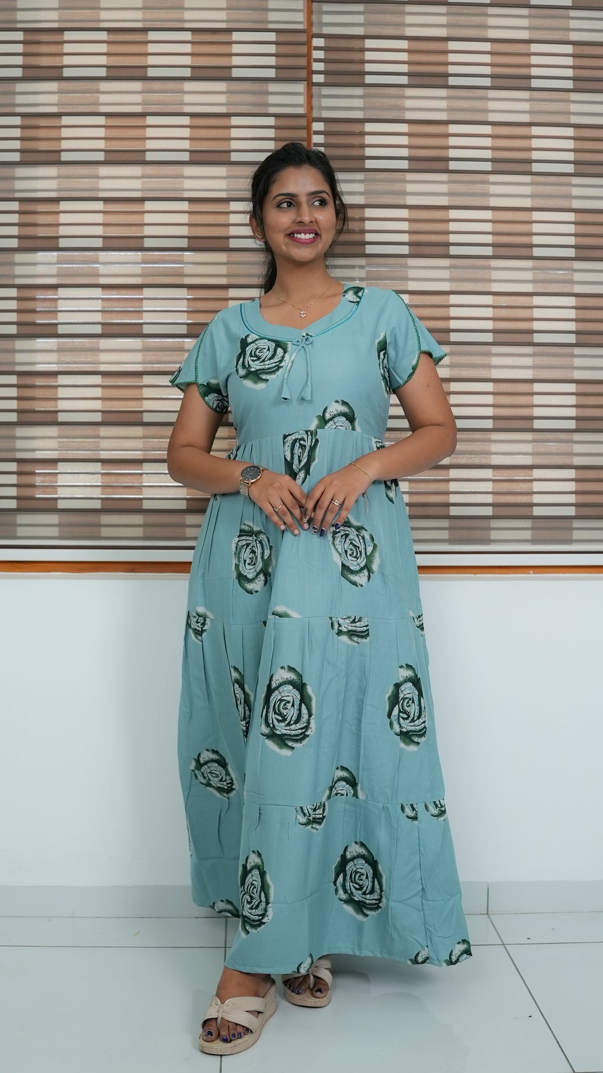 Onion Pink Rose Print Alpine 3-Layer Frock – Fancy Butterfly Petal Sleeve Maxi Dress with Side Pocket - Ideal for all-season comfort Full Frock Nighties