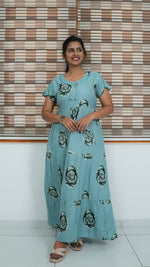 Onion Pink Rose Print Alpine 3-Layer Frock – Fancy Butterfly Petal Sleeve Maxi Dress with Side Pocket - Ideal for all-season comfort Full Frock Nighties