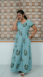 Onion Pink Rose Print Alpine 3-Layer Frock – Fancy Butterfly Petal Sleeve Maxi Dress with Side Pocket - Ideal for all-season comfort Full Frock Nighties