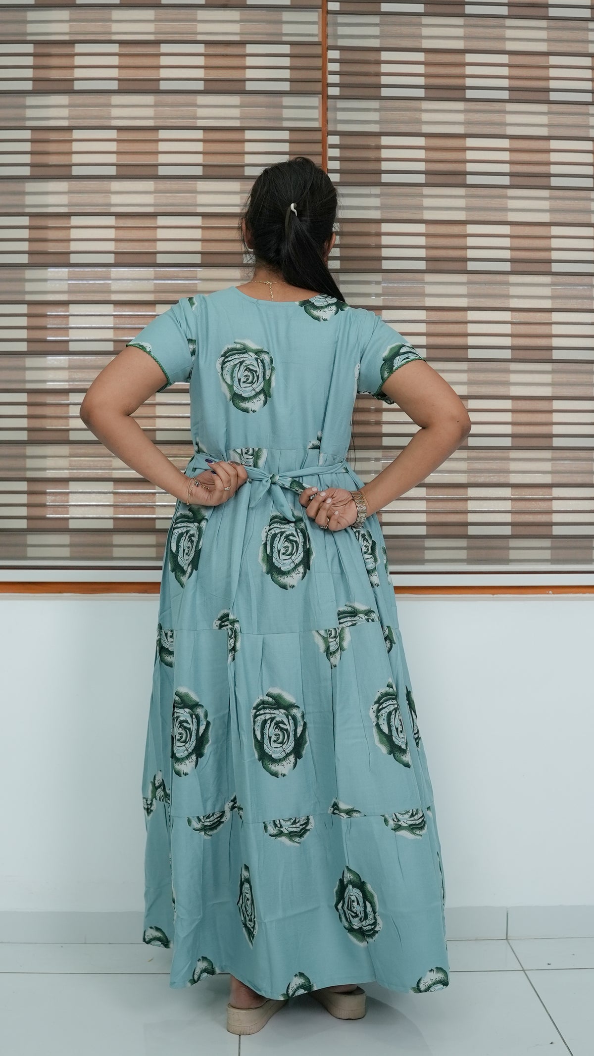 Onion Pink Rose Print Alpine 3-Layer Frock – Fancy Butterfly Petal Sleeve Maxi Dress with Side Pocket - Ideal for all-season comfort Full Frock Nighties