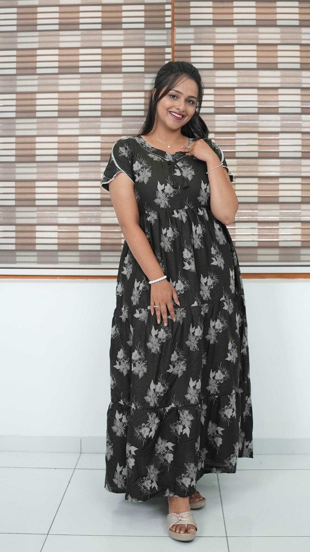 Walnut Brown Floral Alpine 3-Layer Frock – Fancy Butterfly Petal Sleeve Maxi Dress with Side Pocket - Graceful 3-Layer Flare Full Frock Nighty