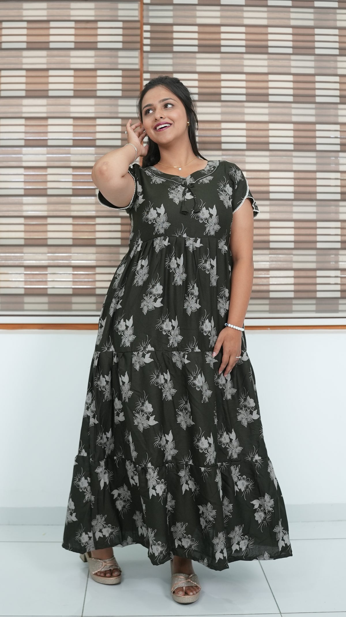Walnut Brown Floral Alpine 3-Layer Frock – Fancy Butterfly Petal Sleeve Maxi Dress with Side Pocket - Graceful 3-Layer Flare Full Frock Nighty