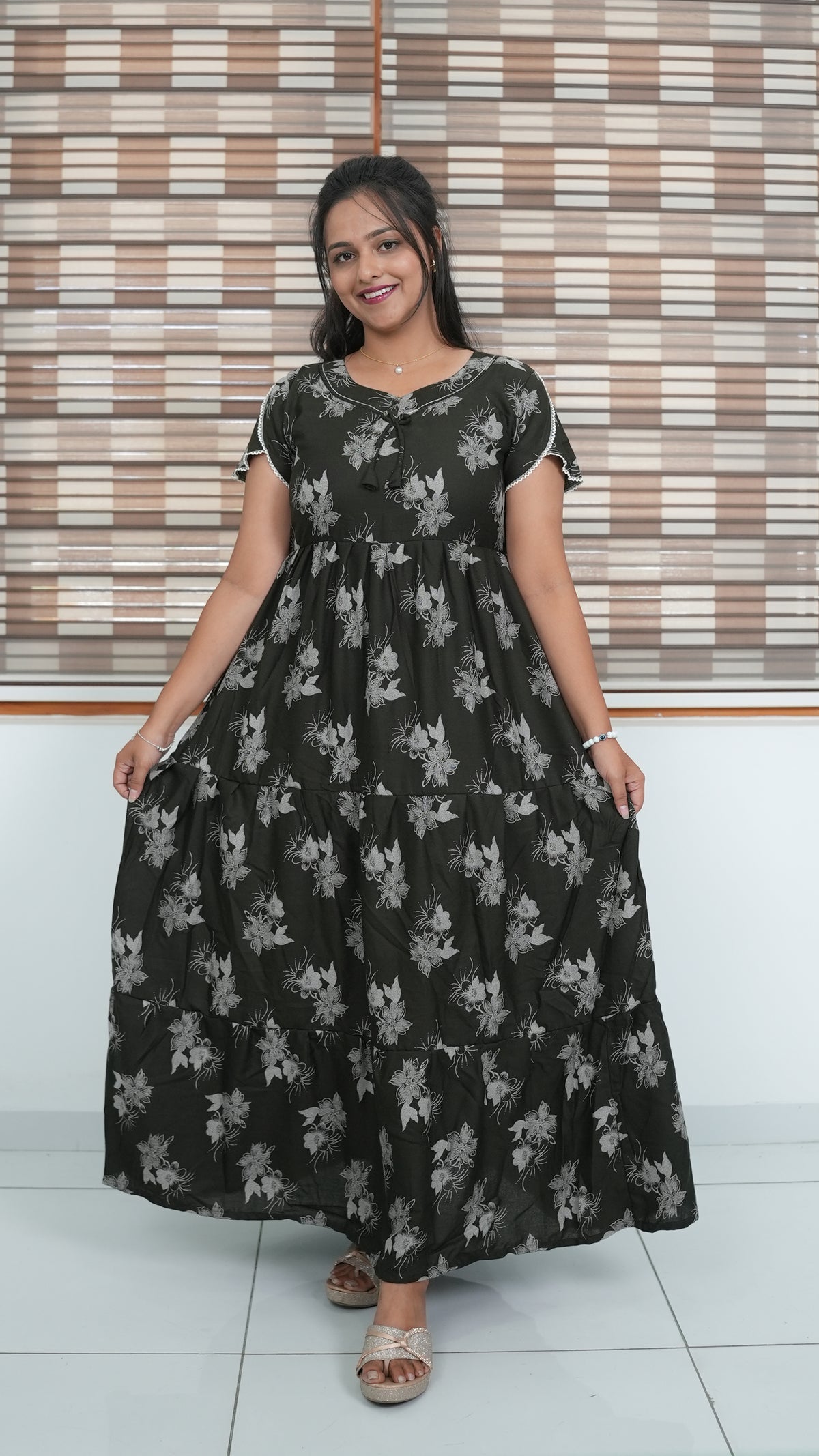 Walnut Brown Floral Alpine 3-Layer Frock – Fancy Butterfly Petal Sleeve Maxi Dress with Side Pocket - Graceful 3-Layer Flare Full Frock Nighty