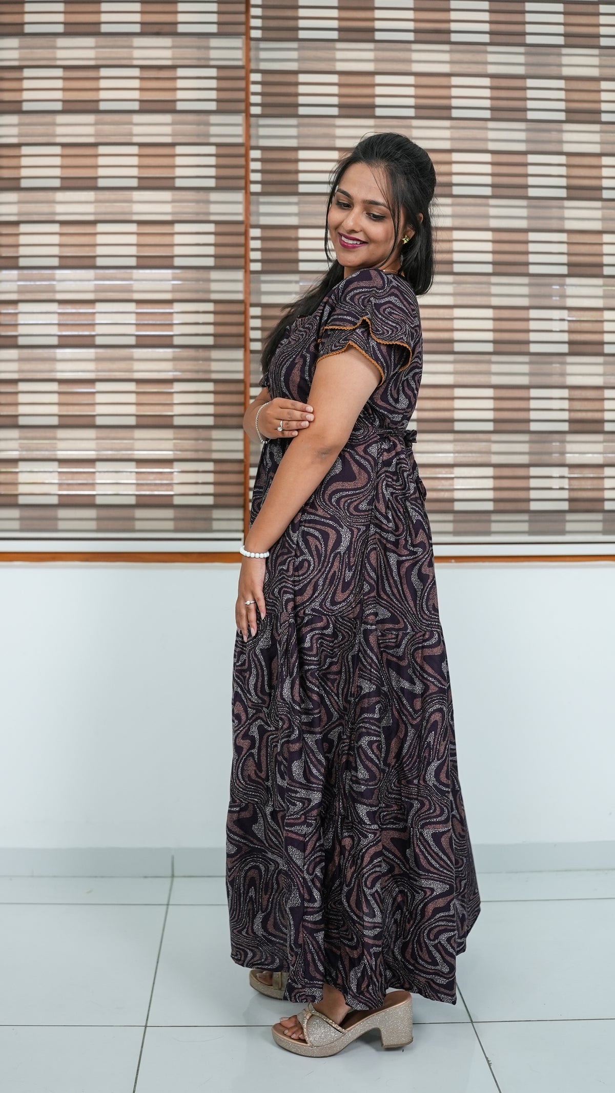 Chocolate Marble Print Alpine 3-Layer Frock – Fancy Double Layer Sleeve Maxi Dress with Side Pocket - Fusion of traditional comfort and modern Frock Nighties