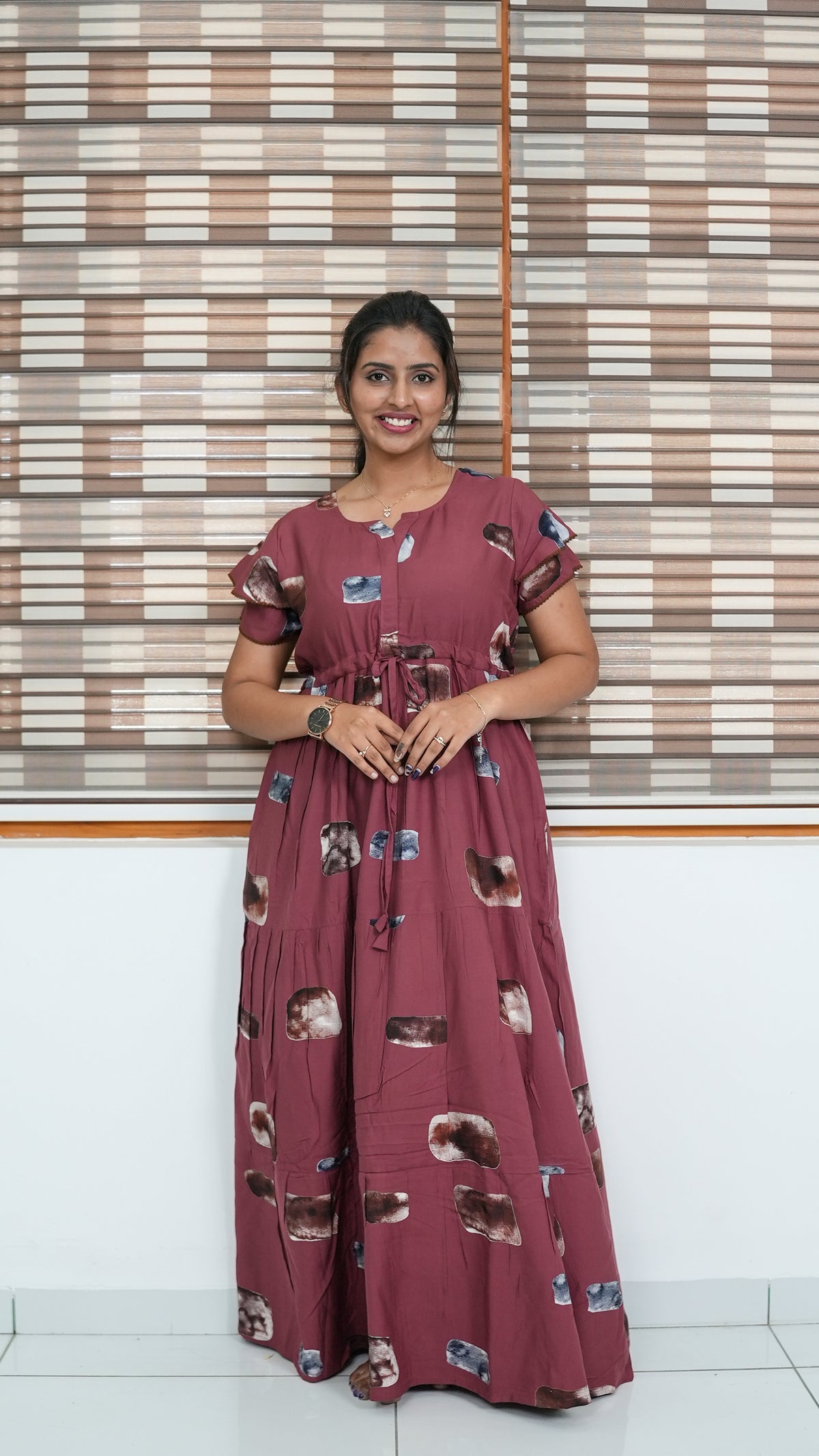 Ink Blue Abstract Block Print Rayon Gathering Frock – Adjustable Front Rope Night Gown with Double Layer Sleeve