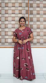 Ink Blue Abstract Block Print Rayon Gathering Frock – Adjustable Front Rope Night Gown with Double Layer Sleeve