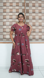 Ink Blue Abstract Block Print Rayon Gathering Frock – Adjustable Front Rope Night Gown with Double Layer Sleeve