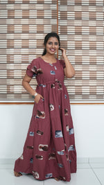 Ink Blue Abstract Block Print Rayon Gathering Frock – Adjustable Front Rope Night Gown with Double Layer Sleeve