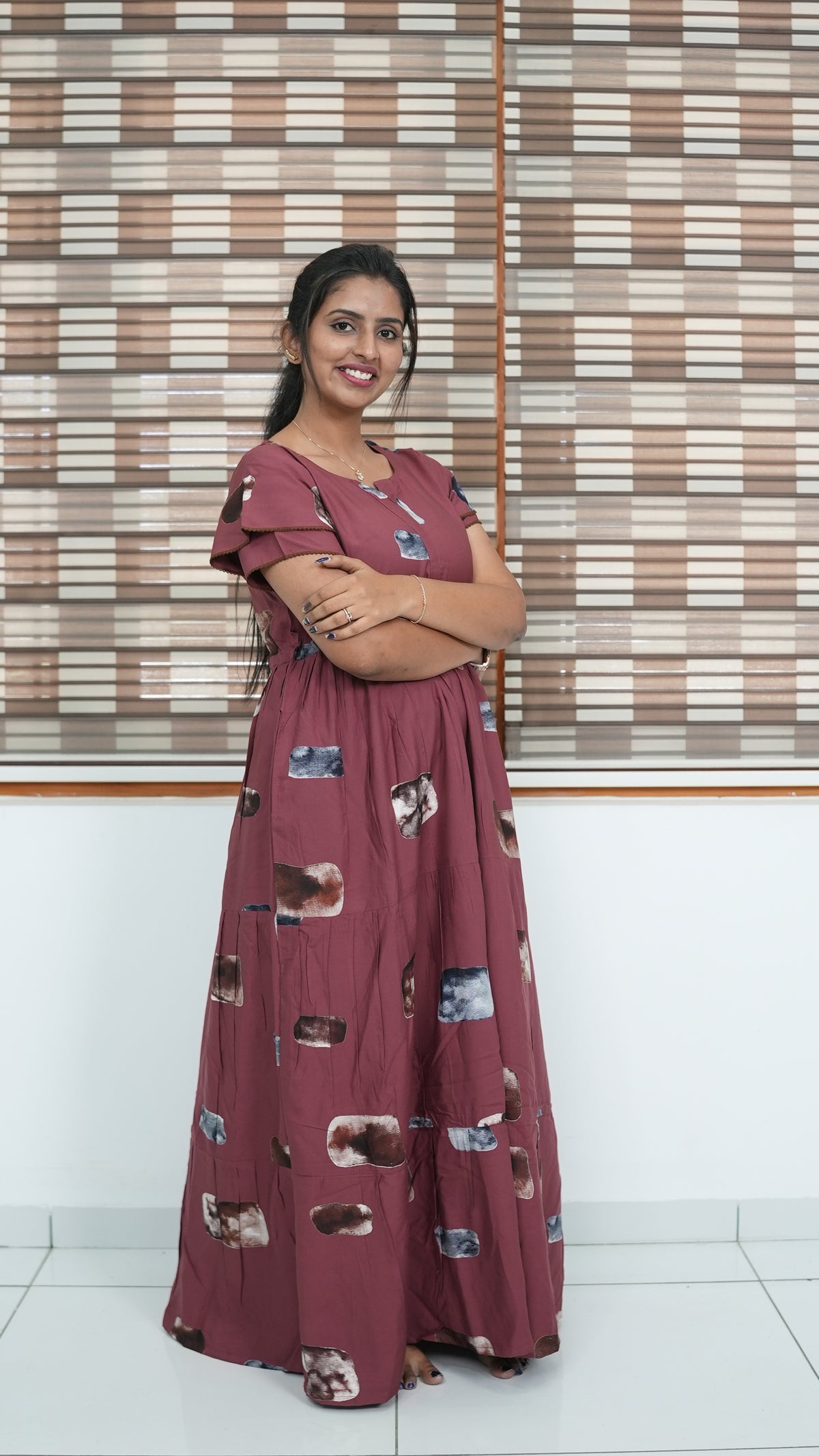 Ink Blue Abstract Block Print Rayon Gathering Frock – Adjustable Front Rope Night Gown with Double Layer Sleeve