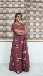 Ink Blue Abstract Block Print Rayon Gathering Frock – Adjustable Front Rope Night Gown with Double Layer Sleeve