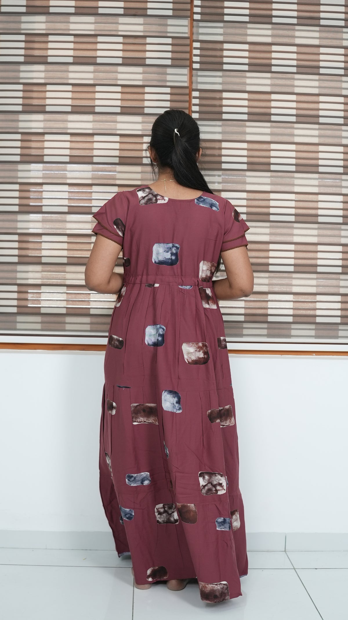 Ink Blue Abstract Block Print Rayon Gathering Frock – Adjustable Front Rope Night Gown with Double Layer Sleeve