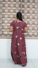 Ink Blue Abstract Block Print Rayon Gathering Frock – Adjustable Front Rope Night Gown with Double Layer Sleeve