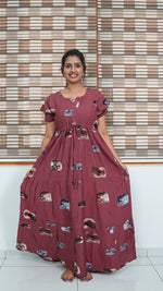 Ink Blue Abstract Block Print Rayon Gathering Frock – Adjustable Front Rope Night Gown with Double Layer Sleeve