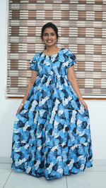 Azure Blue Geometric Print Rayon Gathering Frock – Adjustable Front Rope Night Gown with Double Layer Sleeve