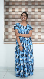 Azure Blue Geometric Print Rayon Gathering Frock – Adjustable Front Rope Night Gown with Double Layer Sleeve