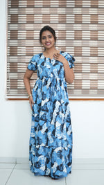 Azure Blue Geometric Print Rayon Gathering Frock – Adjustable Front Rope Night Gown with Double Layer Sleeve