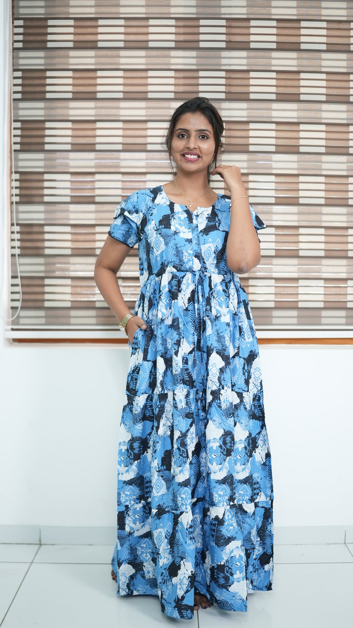 Azure Blue Geometric Print Rayon Gathering Frock – Adjustable Front Rope Night Gown with Double Layer Sleeve