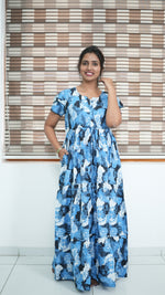 Azure Blue Geometric Print Rayon Gathering Frock – Adjustable Front Rope Night Gown with Double Layer Sleeve