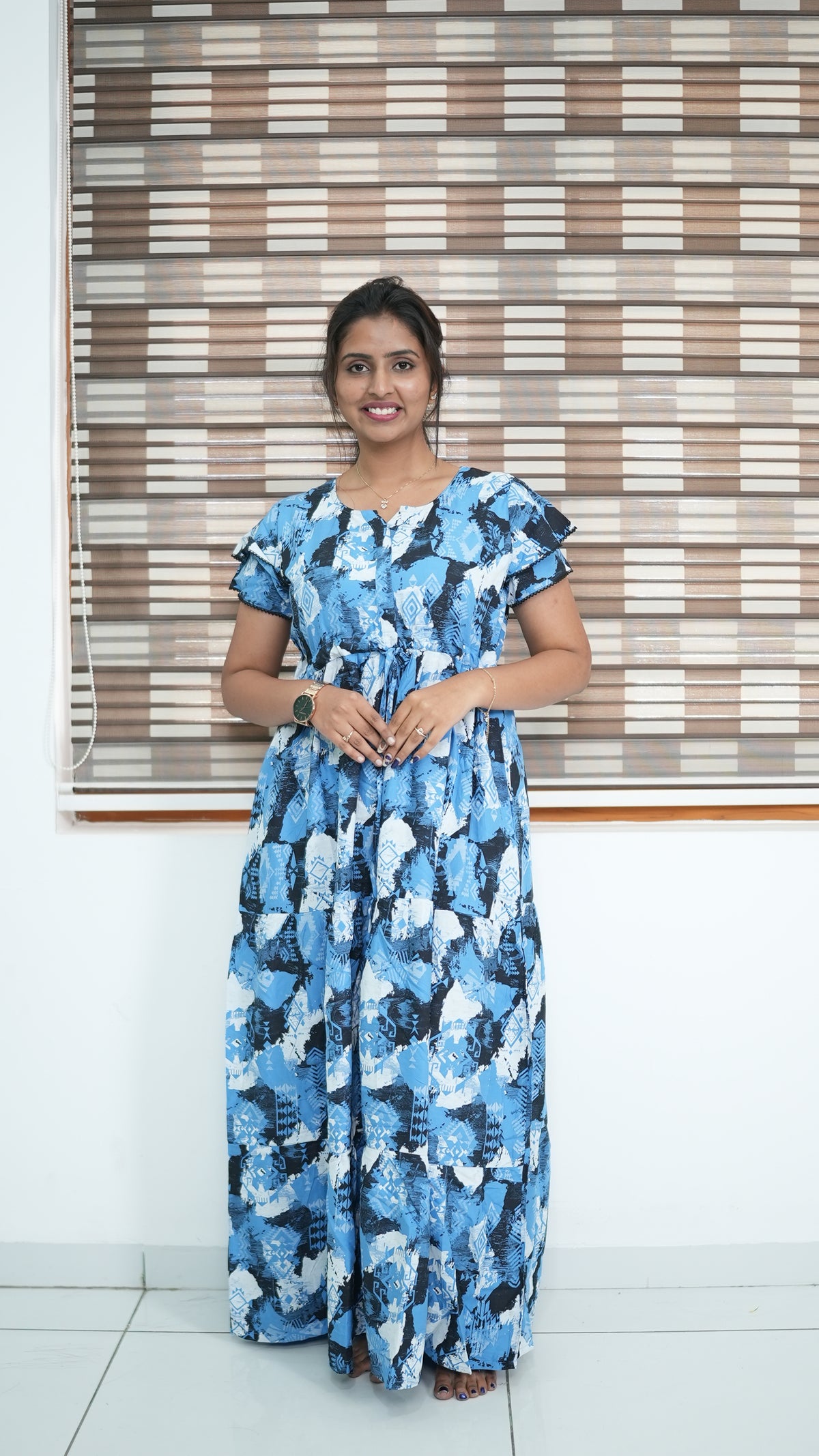 Azure Blue Geometric Print Rayon Gathering Frock – Adjustable Front Rope Night Gown with Double Layer Sleeve