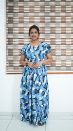 Azure Blue Geometric Print Rayon Gathering Frock – Adjustable Front Rope Night Gown with Double Layer Sleeve