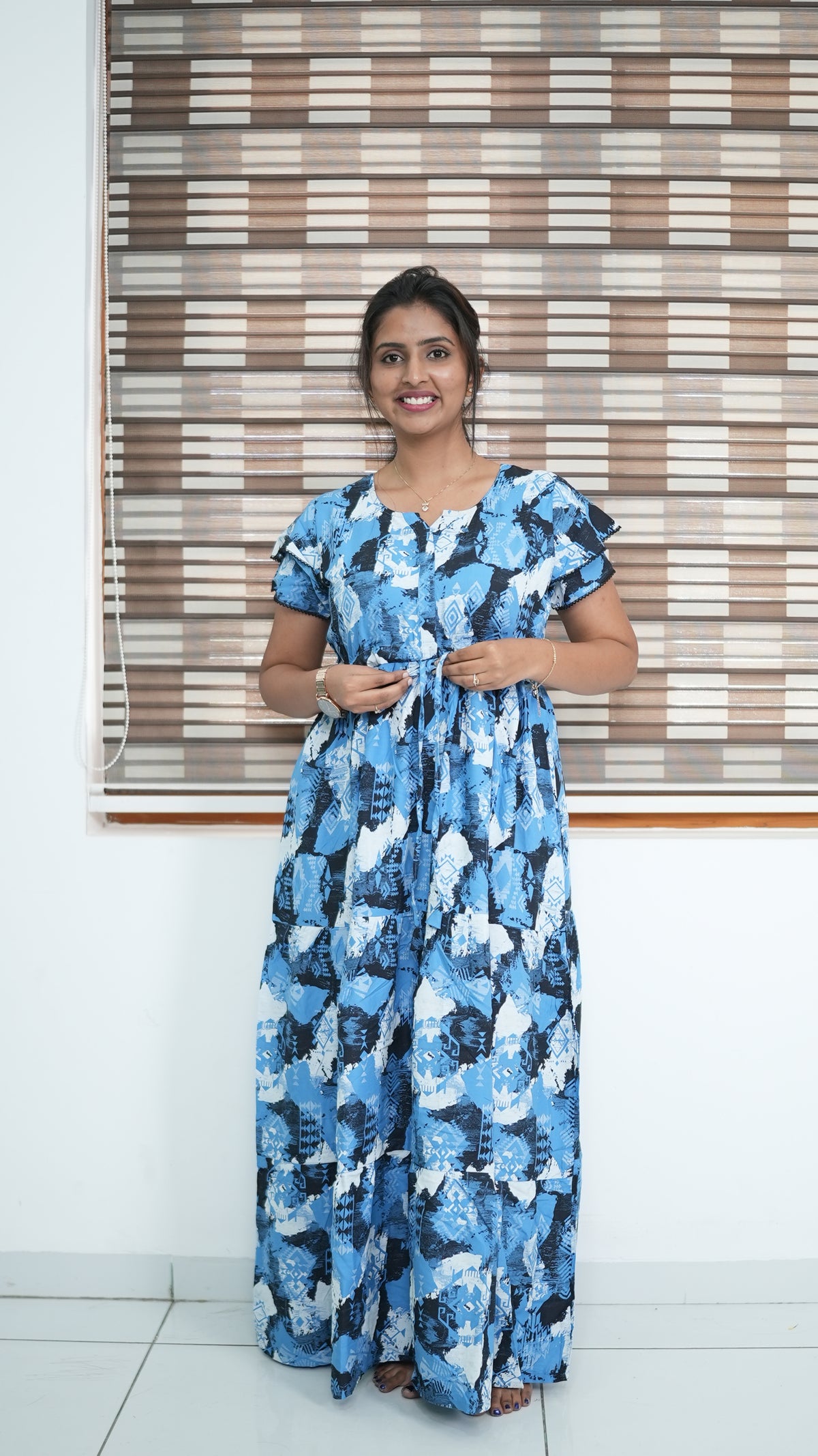 Azure Blue Geometric Print Rayon Gathering Frock – Adjustable Front Rope Night Gown with Double Layer Sleeve