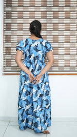 Azure Blue Geometric Print Rayon Gathering Frock – Adjustable Front Rope Night Gown with Double Layer Sleeve