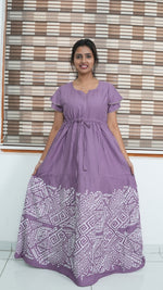 Cornflower Blue Tribal Border Rayon Gathering Frock – Adjustable Front Rope Night Gown with Double Layer Sleeve