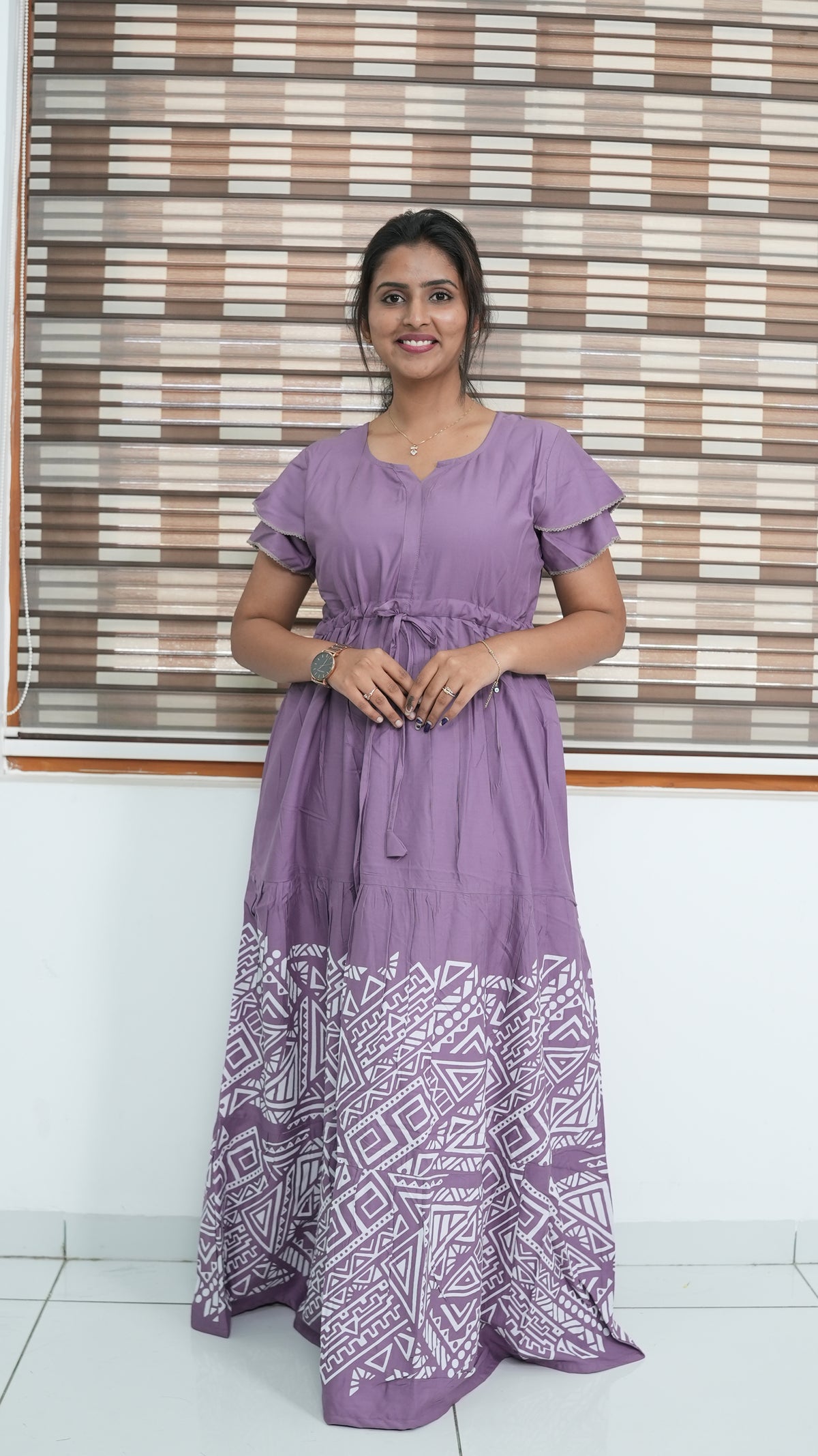 Cornflower Blue Tribal Border Rayon Gathering Frock – Adjustable Front Rope Night Gown with Double Layer Sleeve